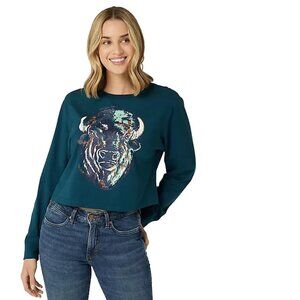 Wrangler Women's Long Sleeve Retro Relaxed Crop Buffalo T-Shirt - Dark Teal NWT!
